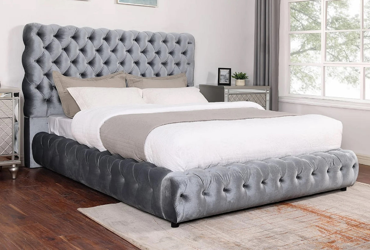 1pc Contemporary Upholstered Queen Bed Tufted Headboard and Footboard Wooden Luxury Glam Bedroom Furniture Gray