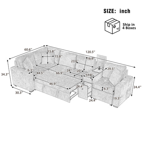 120.5' L-shaped Convertible Sofa Bed Modular Sectional Sofa Reversible Sleeper with Pull-Out Bed, Cup Holders, and Ample Storage Space for Living Room(Old SKU:N719S001940K), White - sold by Home Elegance USA