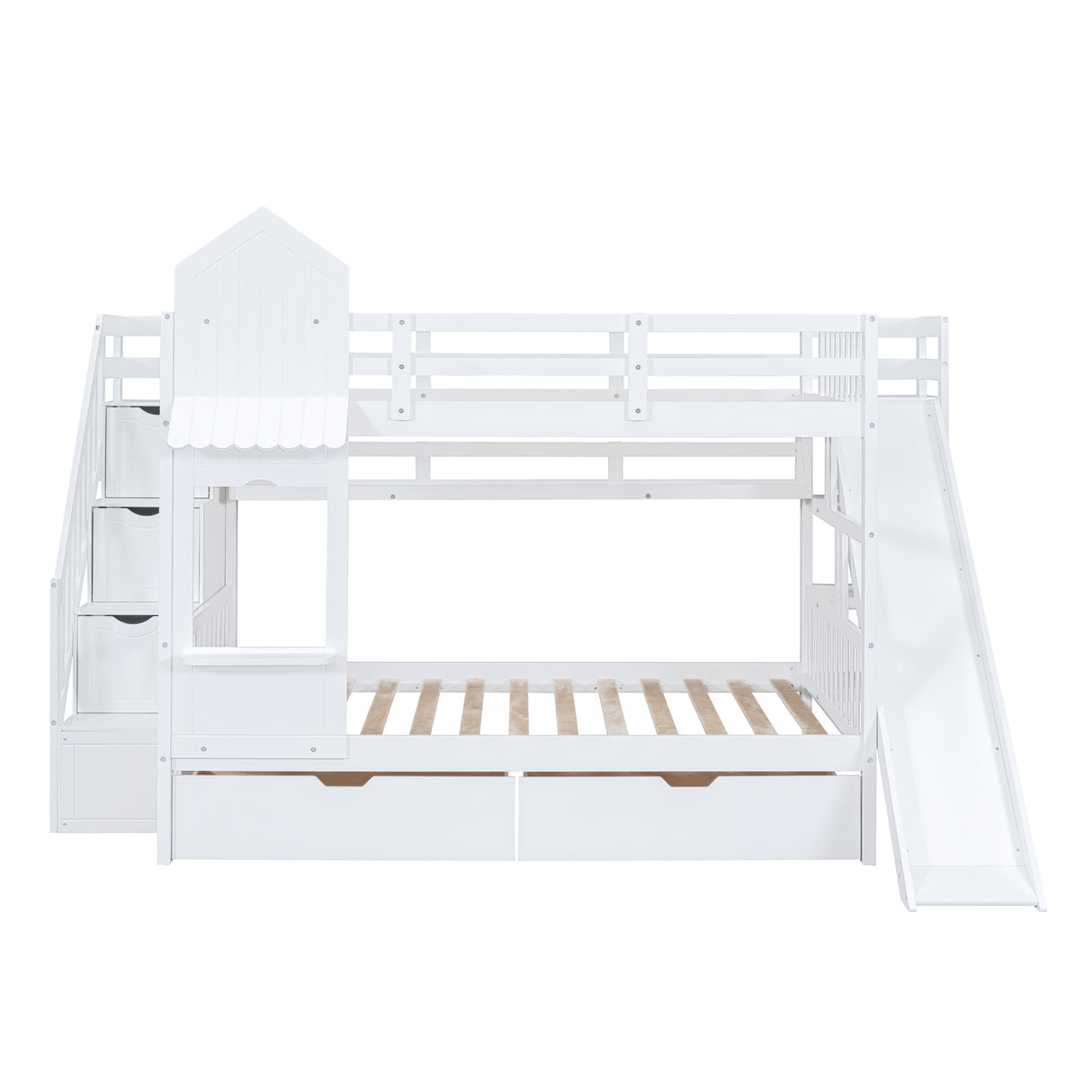 Full-Over-Full Castle Style Bunk Bed with 2 Drawers 3 Shelves and Slide - White - Home Elegance USA