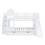 Full-Over-Full Castle Style Bunk Bed with 2 Drawers 3 Shelves and Slide - White - Home Elegance USA