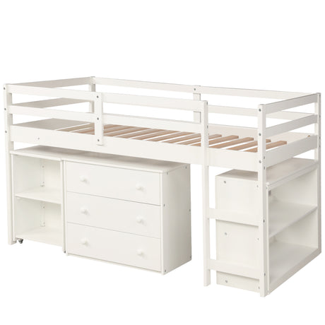 Low Study Twin Loft Bed with Cabinet and Rolling Portable Desk - White (OLD SKU :LP000113AAK) Home Elegance USA