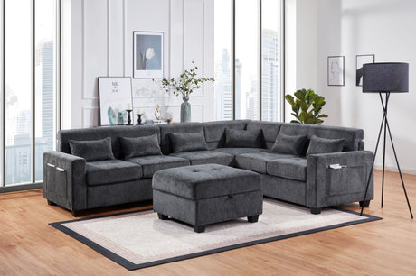 Trey 115'W Gray Chenille Sectional Sofa with Adjustable Backrest, Charging Ports, Pockets, Tufting, Storage Ottoman, Throw Pillows - sold by Home Elegance USA