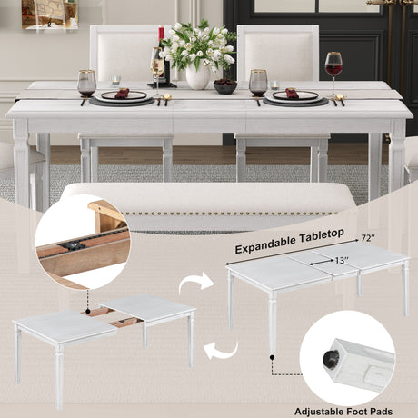 TREXM Vintage Extendable Dining Table Set for 6 with 4 Chairs & Bench, 59 to 72-Inch Rustic Farmhouse Kitchen Table Set with Distressed Finish and Retro Carved Legs (Washed White) - sold by Home Elegance USA
