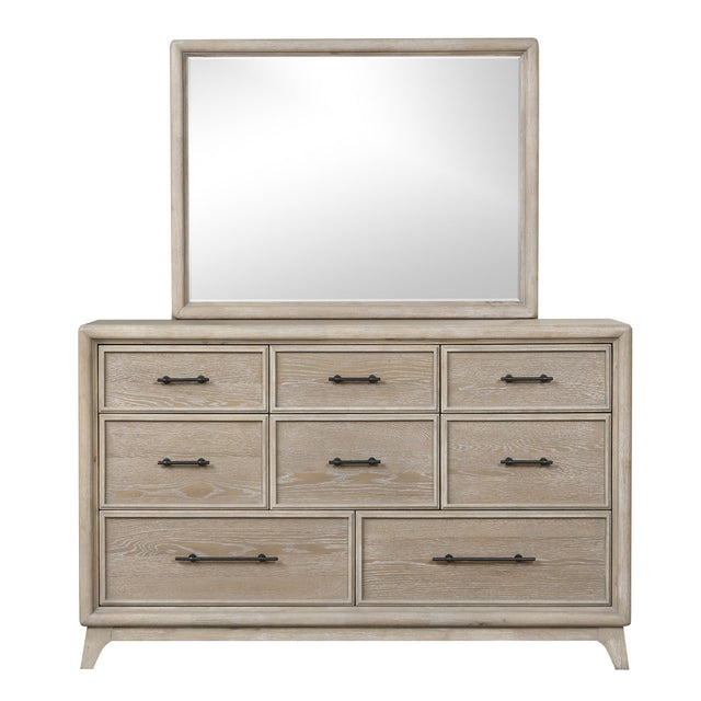 Oak Finish Eight Drawers Dresser with Mirror in Solid Rubberwood, Contemporary Sleek Bedroom Furniture