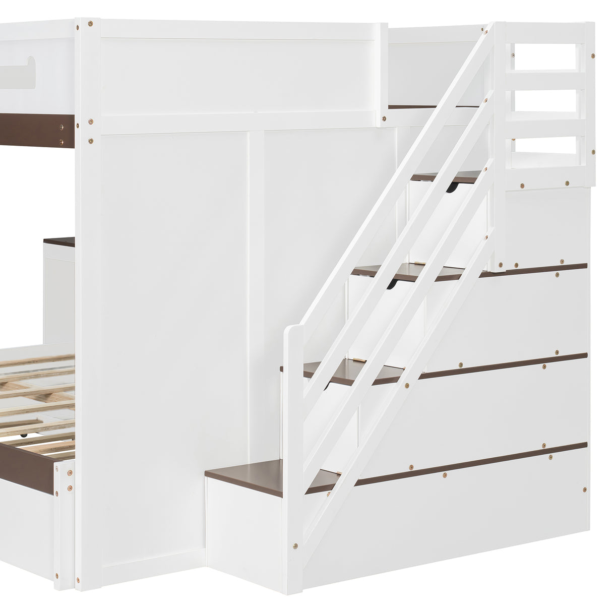 Full Over Full Bunk Bed with Twin Size Trundle and Staircase, Shelves, LED,White - sold by Home Elegance USA