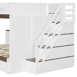 Full Over Full Bunk Bed with Twin Size Trundle and Staircase, Shelves, LED,White - sold by Home Elegance USA