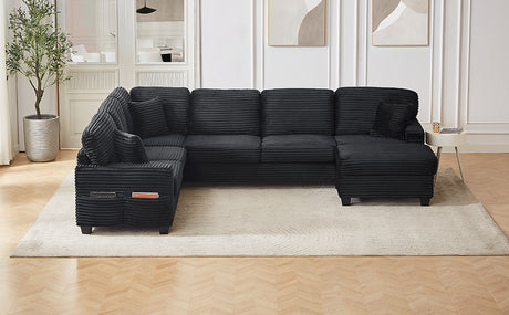 Upholstered U-shaped Sectional Sofa with Movable Ottoman and Side Storage Pockets in Black Corduroy, 125.2 inches - sold by Home Elegance USA