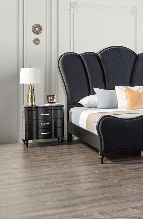 Lovely Attractive Bedroom 3pc Set Queen Size Bed 2x Nightstands Black Fabric Padded HB Wood Legs - sold by Home Elegance USA