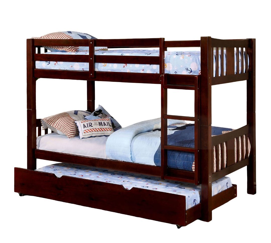 Twin Over Twin Transitional Style Bunk Bed Dark Walnut Finish Attached Ladder Rails And Lock Joint Structure Trundle-Included Espresso Finish - sold by Home Elegance USA