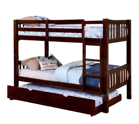 Twin Over Twin Transitional Style Bunk Bed Dark Walnut Finish Attached Ladder Rails And Lock Joint Structure Trundle-Included Espresso Finish - sold by Home Elegance USA