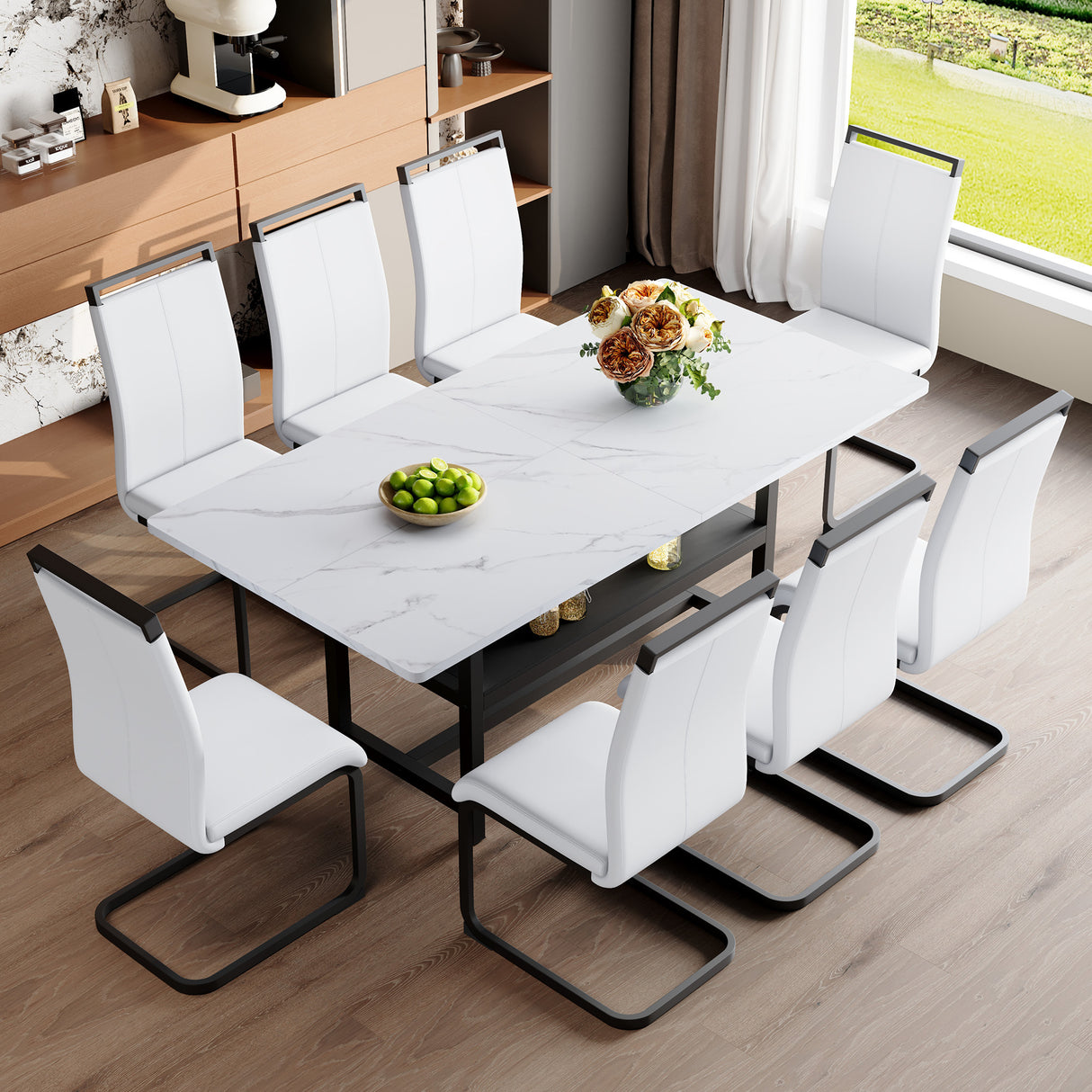 Table and chair set.71*35.4 inch White Grain Spliced Dining Table With Storage Function In The Middle Of The Table Legs.Paired with 8 White PU Chairs With C-tube Black Metal Chair Legs.
