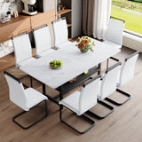 Table and chair set.71*35.4 inch White Grain Spliced Dining Table With Storage Function In The Middle Of The Table Legs.Paired with 8 White PU Chairs With C-tube Black Metal Chair Legs.