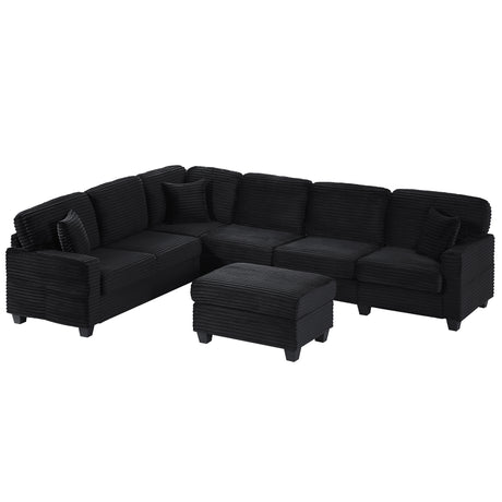 Upholstered U-shaped Sectional Sofa with Movable Ottoman and Side Storage Pockets in Black Corduroy, 125.2 inches - sold by Home Elegance USA