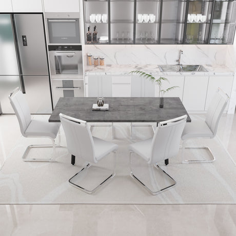 55.12-70.87' expandable square dining table set that can accommodate 4-6 people, equipped with 6 C-shaped tubular cushioned armless dining chair,  kitchen table and chair set, with metal legs - sold by Home Elegance USA