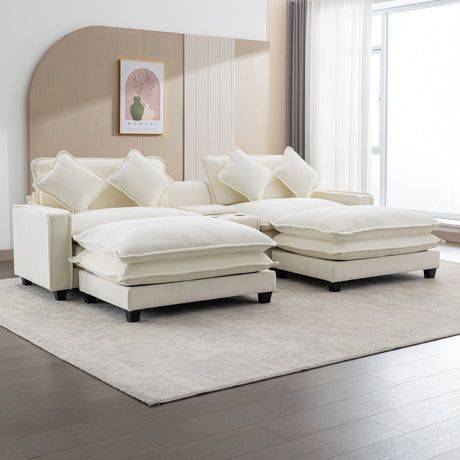 Chenille Upholstered Sectional Sofa with Removable Ottoman, USB Ports, Cup Holders, and Storage, Beige, 111' - sold by Home Elegance USA