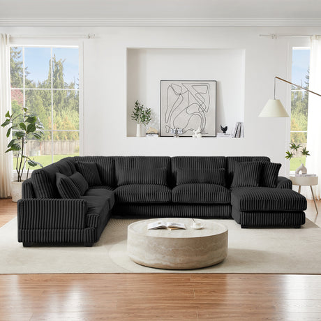 Modern Oversized U-shaped Sectional Sofa with Chaise Lounge Upholstered in Soft Black Corduroy - sold by Home Elegance USA