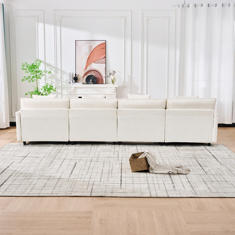 140.9-inch U-shaped modular sectional sofa, suitable for living room or bedroom. It comes with 2 movable ottomans, 4 cushions and 2 throw pillows. Made of soft cashmere fabric, in beige - sold by Home Elegance USA