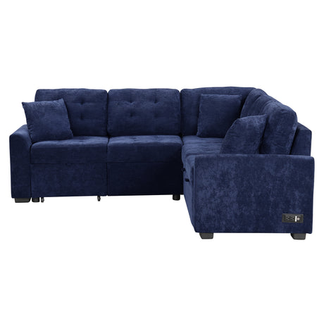 Navy Blue L-shape Sofa Bed with Pull-out Sleeper, USB Ports, Power Sockets, Corded Velveteen, 82.6' - sold by Home Elegance USA