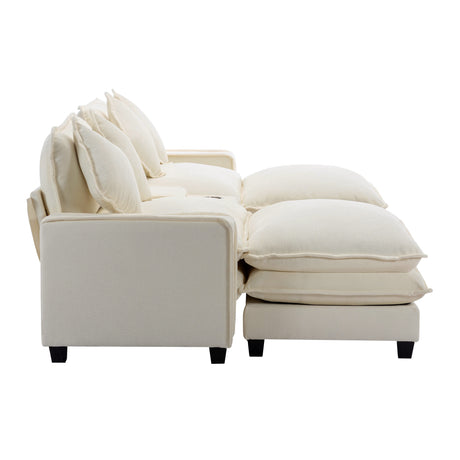 Chenille Upholstered Sectional Sofa with Removable Ottoman, USB Ports, Cup Holders, and Storage, Beige, 111' - sold by Home Elegance USA