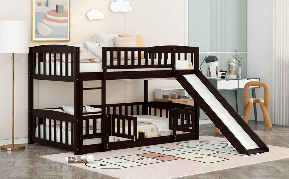 Bunk Bed with Slide,Twin Over Twin Low Bunk Bed with Fence and Ladder for Toddler Kids Teens Espresso - LT000082AAP - Home Elegance USA - 4