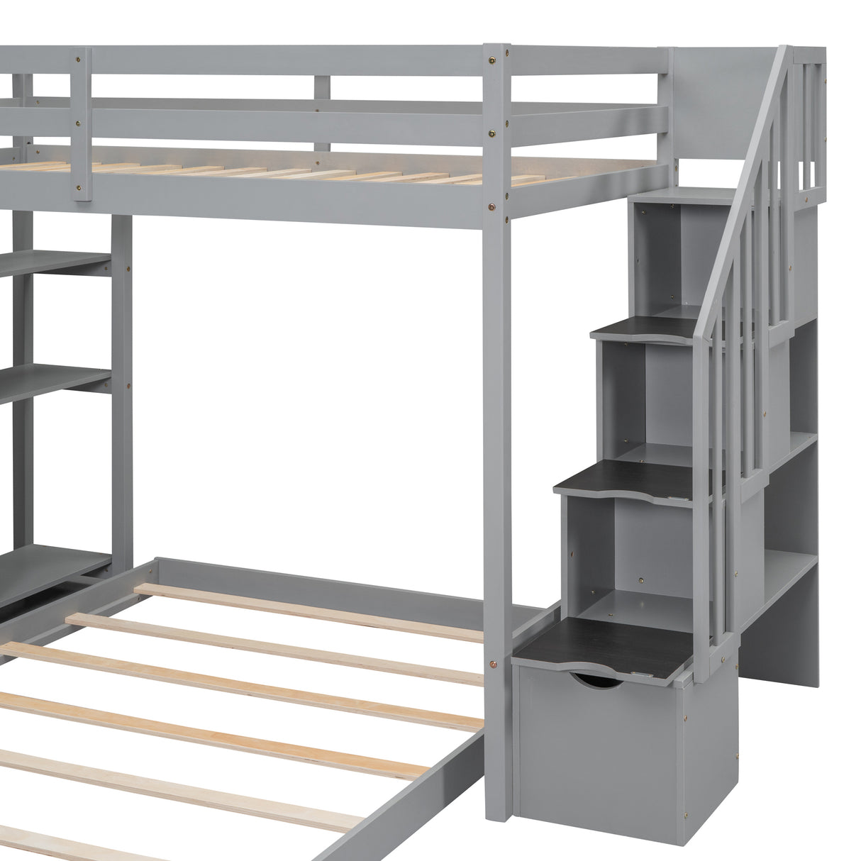 Twin Over Full Bunk Bed with 3-layer Shelves, Drawers and Storage Stairs, Gray - Home Elegance USA