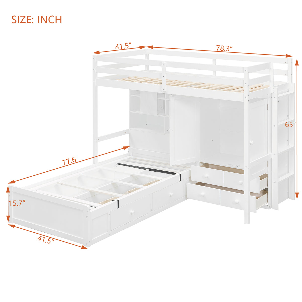 Twin Bunk Bed with Drawers, Wardrobe, Storage Shelves and Hydraulic Bed,White - sold by Home Elegance USA