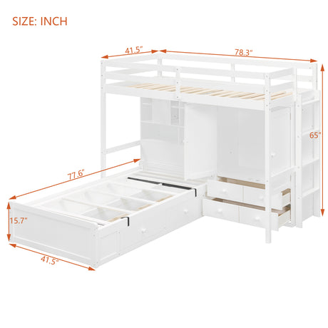 Twin Bunk Bed with Drawers, Wardrobe, Storage Shelves and Hydraulic Bed,White - sold by Home Elegance USA