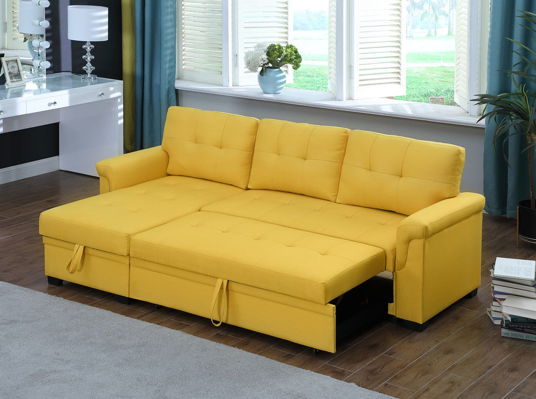 Lucca Yellow Linen Reversible Sleeper Sectional Sofa with Storage Chaise - Home Elegance USA