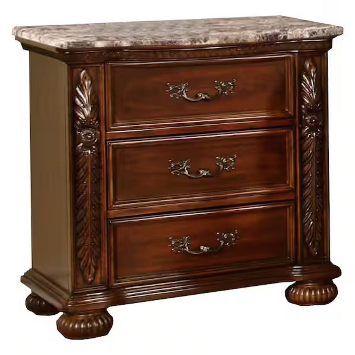 Formal Traditional Bedroom 3 Drawer Nightstand with Faux Marble Top, Solid Wood Bedside Table Hand Carved Storage Nightstand, Cherry