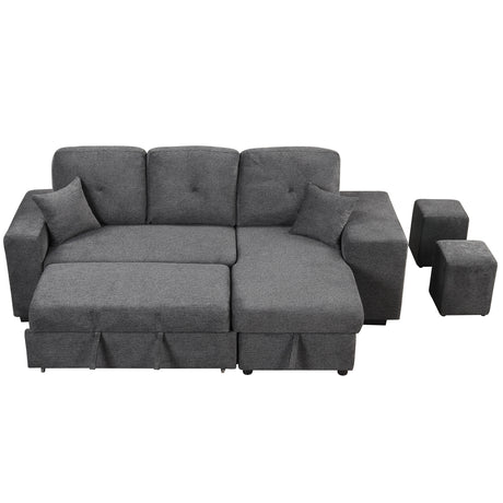 Reversible Sleeper Sectional Sofa Bed with Side Shelf and 2 Stools, Pull-Out L-Shaped Sofa Bed, Velvet Blue Black - sold by Home Elegance USA