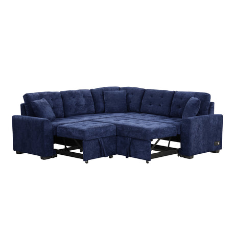 Navy Blue L-shape Sofa Bed with Pull-out Sleeper, USB Ports, Power Sockets, Corded Velveteen, 82.6' - sold by Home Elegance USA