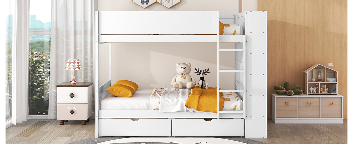 Full over Full Bunk Bed With 2 Drawers and Multi-layer Cabinet, White - Home Elegance USA