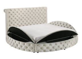 1pc Unique Round Plush Ivory Velvet Button-Tufted Detailing Storage Bed Queen Size