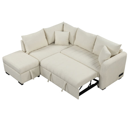 Modern L-shaped Sectional Pull Out Sofa Bed with USB Ports and Storage Ottoman, Beige, Jacquard Fabric, 82.6' - sold by Home Elegance USA