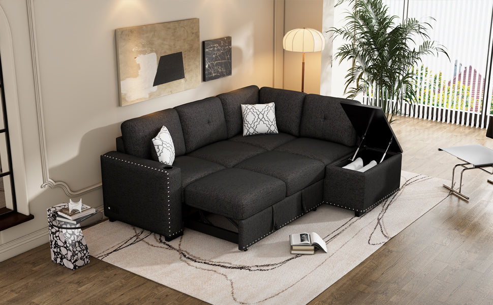 L-Shaped Reversible Sectional Sofa Bed with Storage - 83.8 inch, Pull-Out Couch, USB Ports, Power Outlets & Cup Holder, Black - Home Elegance USA