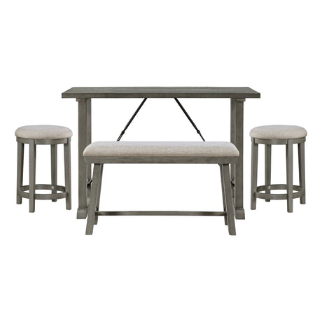 4PC Counter Height Dining Set Light Gray Finish Counter Height Table with Bench 2x Stools Foam Cushioned Seats Kitchen Dining Breakfast Furniture - sold by Home Elegance USA