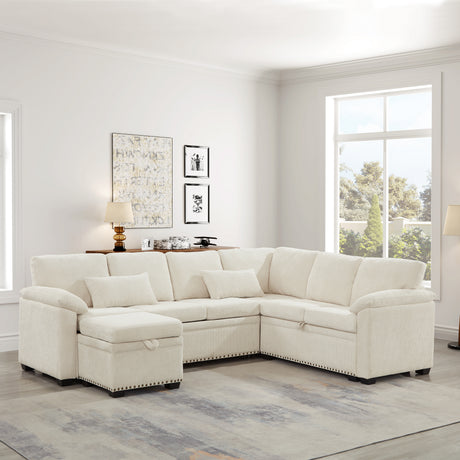 97 Inch L-Shaped Corner Sectional Sofa Couch with Seat and Storage Ottoman,Chenille Fabric Corner Couch with 7 Seats & 2 Pillows for Living Room, Beige - sold by Home Elegance USA