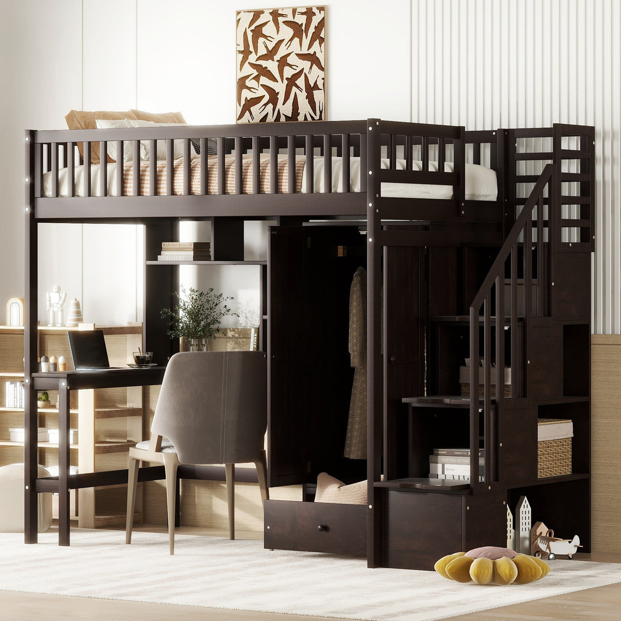 Twin size Loft Bed with Bookshelf,Drawers,Desk,and Wardrobe-Espresso - Home Elegance USA