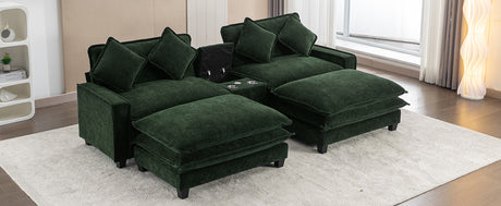 Chenille Upholstered 111' Sectional Sofa with Two Removable Ottomans, USB Ports, Cup Holders, and Storage, Green - sold by Home Elegance USA