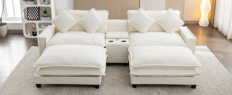 Chenille Upholstered Sectional Sofa with Removable Ottoman, USB Ports, Cup Holders, and Storage, Beige, 111' - sold by Home Elegance USA