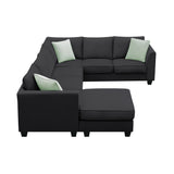 112*87" Sectional Sofa Couches Living Room Sets, 7 Seats Modular Sectional Sofa with Ottoman, L Shape Fabric Sofa Corner Couch Set with 3 Pillows, Black(New of GS008210AAB) | Home Elegance USA