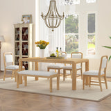 TREXM Vintage Extendable Dining Table Set for 4-6 with 4 Upholstered Chairs and 1 Bench, Rustic Wire Brushed Kitchen Table Set with Curved Design for Dining Room and Kitchen (Natural)