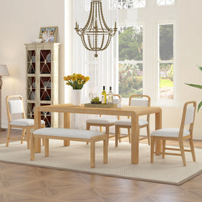 TREXM Vintage Extendable Dining Table Set for 4-6 with 4 Upholstered Chairs and 1 Bench, Rustic Wire Brushed Kitchen Table Set with Curved Design for Dining Room and Kitchen (Natural)
