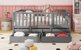 Full Size Wood Daybed with Fence Guardrails and 2 Drawers, Used as Independent Floor Bed & Daybed, Gray - Home Elegance USA
