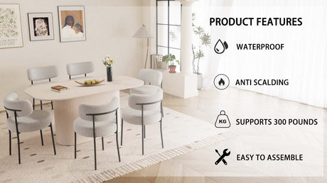 63' medieval modern cream style MDF dining table and 6 sets of circular cushioned armless dining chairs. Assemble desktop and black metal leg dining chair set, suitable for home & kitchen - sold by Home Elegance USA