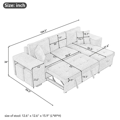 104.5' Modern L-Shape 3 Seat Reversible Sectional Couch, Pull Out Sleeper Sofa with Storage Chaise and 2 Stools for Living Room Furniture Set,Knox Charcoal (old sku:SG000431AAA) - sold by Home Elegance USA