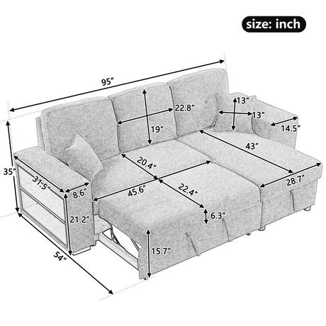 Reversible Sleeper Sectional Sofa Bed with Side Shelf and 2 Stools, Pull-Out L-Shaped Sofa Bed, Corner Sofa-Bed with Storage Chaise, Knox Charcoal Velvet - sold by Home Elegance USA