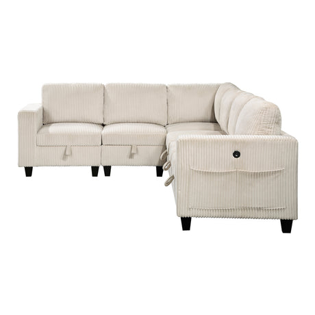 6-Piece Modular Sectional with Storage Seats, Side Pockets, Charging Ports Beige Corduroy Fabric Modern Living Room Sectional Couch Solid Wood Furniture - sold by Home Elegance USA