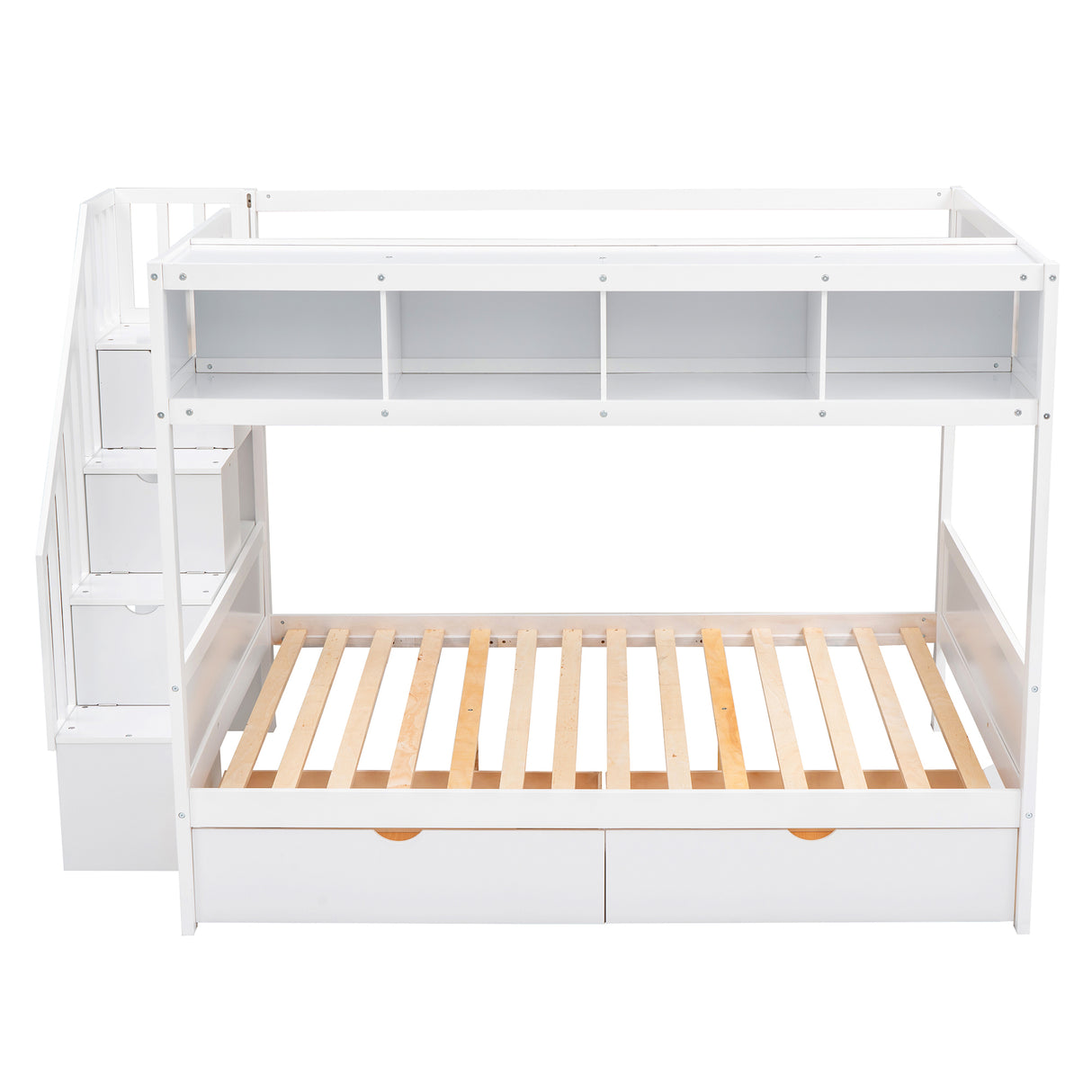 Twin over Full Bunk Bed with Shelfs, Storage Staircase and 2 Drawers, White - Home Elegance USA