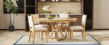 TREXM 5-Piece Retro Functional Dining Table Set Extendable Round Table and 4 Upholstered Chairs for Dining Room and Living Room (Natural) - sold by Home Elegance USA